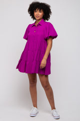 Magenta Puff Sleeve Mini Shirt Dress