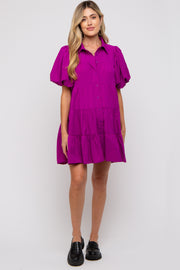 Magenta Puff Sleeve Maternity Mini Shirt Dress