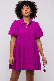 Magenta Puff Sleeve Mini Shirt Dress