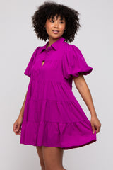 Magenta Puff Sleeve Mini Shirt Dress