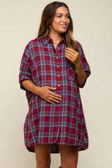 Burgundy Plaid Oversized Maternity Mini Dress