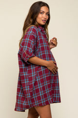 Burgundy Plaid Oversized Maternity Mini Dress