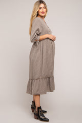 Taupe Gingham Front Button Sleeve Tie Maternity Midi Dress