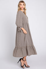 Taupe Gingham Front Button Sleeve Tie Midi Dress