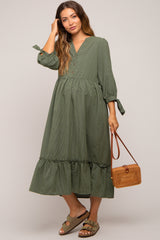 Olive Gingham Front Button Sleeve Tie Maternity Midi Dress