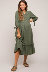 Olive Gingham Front Button Sleeve Tie Maternity Midi Dress