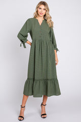 Olive Gingham Front Button Sleeve Tie Maternity Midi Dress