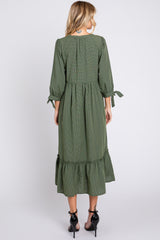 Olive Gingham Front Button Sleeve Tie Midi Dress