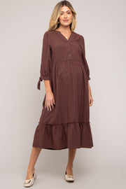 Brown Gingham Front Button Sleeve Tie Maternity Midi Dress