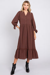 Brown Gingham Front Button Sleeve Tie Maternity Midi Dress