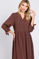 Brown Gingham Front Button Sleeve Tie Midi Dress