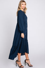 Navy Gingham Button Midi Dress