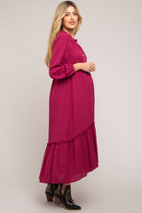 Magenta Gingham Button Maternity Midi Dress