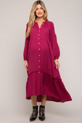 Magenta Gingham Button Maternity Midi Dress