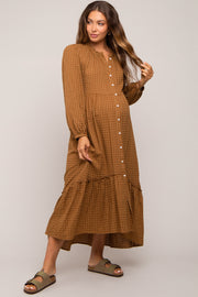 Mocha Gingham Button Maternity Midi Dress