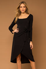 Black Long Sleeve Side Tie Midi Dress