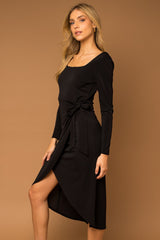 Black Long Sleeve Side Tie Midi Dress