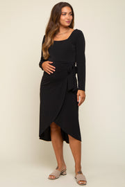 Black Long Sleeve Side Tie Maternity Midi Dress