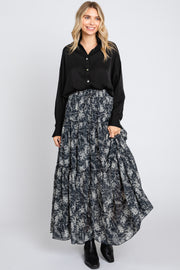 Charcoal Floral Chiffon Drawstring Tiered Midi Skirt
