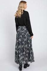 Charcoal Floral Chiffon Drawstring Tiered Midi Skirt