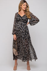 Black Floral Chiffon V-Neck Velvet Trim Maternity Maxi Dress