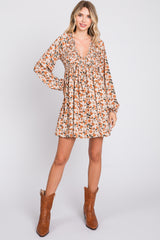 Cream Floral Smocked Deep V-Neck Dress