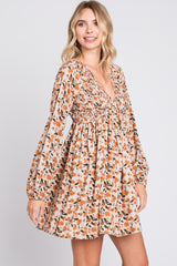 Cream Floral Smocked Deep V-Neck Dress