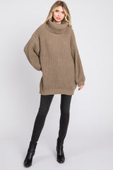 Mocha Turtleneck Puff Sleeve Sweater Dress