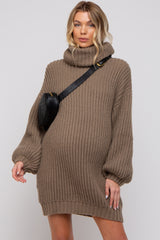 Mocha Turtleneck Puff Sleeve Maternity Sweater Dress