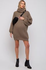 Mocha Turtleneck Puff Sleeve Maternity Sweater Dress