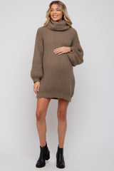 Mocha Turtleneck Puff Sleeve Maternity Sweater Dress