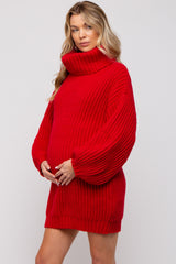 Red Turtleneck Puff Sleeve Maternity Sweater Dress