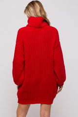 Red Turtleneck Puff Sleeve Maternity Sweater Dress