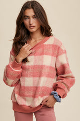 Coral Plaid Fuzzy Knit Maternity Pullover Sweater