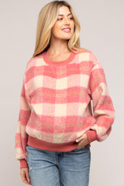 Coral Plaid Fuzzy Knit Maternity Pullover Sweater