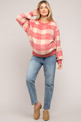 Coral Plaid Fuzzy Knit Maternity Pullover Sweater