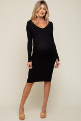 Black Ribbed Knit Long Sleeve Fitted Maternity Dress