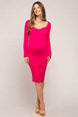 Fuchsia Ribbed Knit Fitted Long Sleeve Maternity Dress