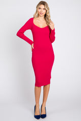 Fuchsia Ribbed Knit Fitted Long Sleeve Maternity Dress