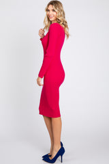 Fuchsia Ribbed Knit Fitted Long Sleeve Dress