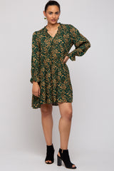 Forest Green Leaf Print Long Sleeve Maternity Dress