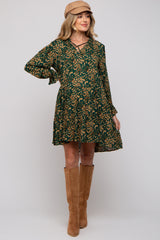 Forest Green Leaf Print Long Sleeve Maternity Dress