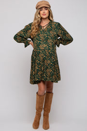 Forest Green Leaf Print Long Sleeve Maternity Dress