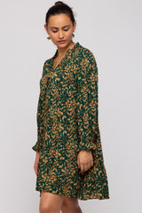 Forest Green Leaf Print Long Sleeve Dress