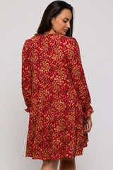 Red Leaf Print Long Sleeve Dress