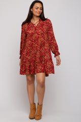 Red Leaf Print Long Sleeve Maternity Dress