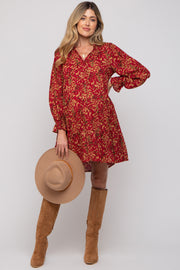 Red Leaf Print Long Sleeve Maternity Dress