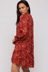 Red Leaf Print Long Sleeve Dress