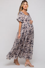 Navy Blue Floral Square Neck Short Puff Sleeve Maternity Maxi Dress