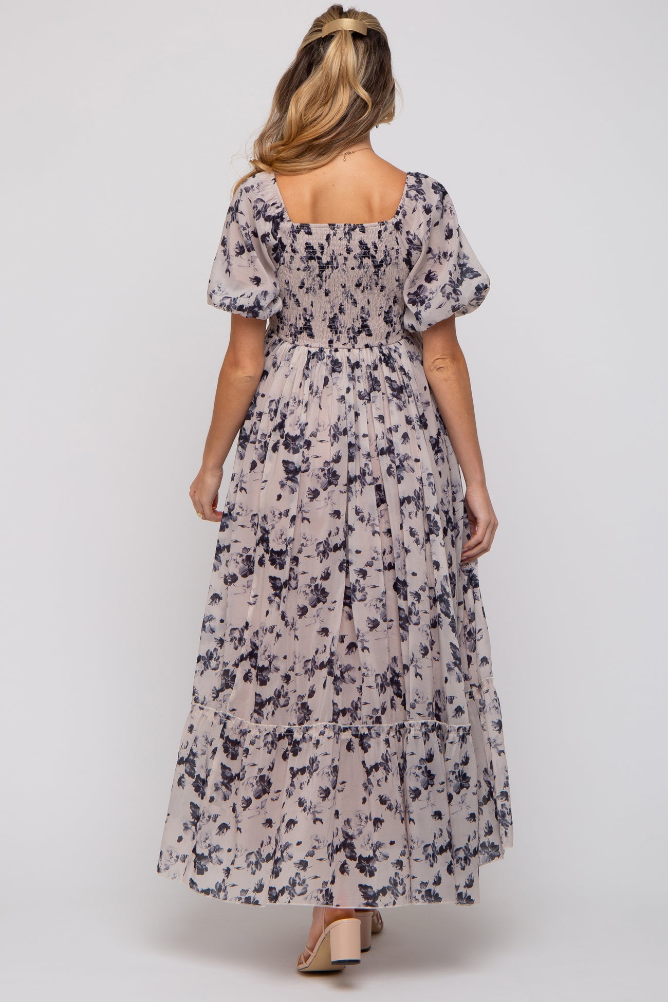 Navy Blue Floral Square Neck Short Puff Sleeve Maternity Maxi Dress ...